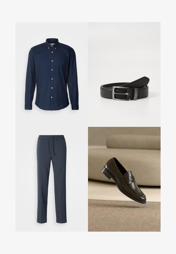 Navyblaues Langarmhemd mit Umschlagkragen, Vorderknöpfen und abgerundetem Saum. Aus einem glatten Baumwollstoff gefertigt.; Marineblaue, leichte Hose mit Kordelzugbund, geraden Beinen und glatter Textur. Keine Muster oder Verzierungen sichtbar.; Schwarzer Leder-Slipper, der über einem beigen Teppich schwebt, mit einem beigen Sofa im Hintergrund, und zeigt das klassische Herren-Design zum Hineinschlüpfen.; Schwarzer Ledergürtel mit einer silbernen Metallschnalle, der eine glatte Oberfläche und ein klassisches Design aufweist. Der Gürtel ist ordentlich gefaltet.