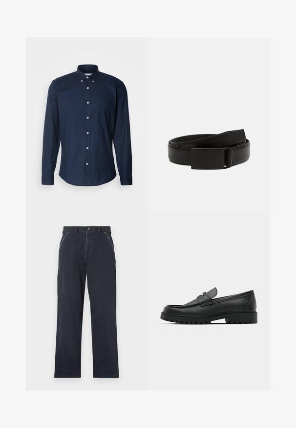 Chemise à manches longues bleu marine avec un col boutonné, des boutons sur le devant et un ourlet arrondi. Fabriquée en tissu coton lisse.; Pantalons en coton bleu marine avec une coupe droite. Comprend des poches avant, une fermeture à bouton et des détails de couture visibles.; Mocassins en cuir noir à bout arrondi, avec un design cousu, une semelle plateforme basse et une semelle en caoutchouc texturée et crantée.; Ceinture en cuir noir avec une texture lisse, dotée d'une boucle rectangulaire noire mate et d'un design classique et minimaliste.