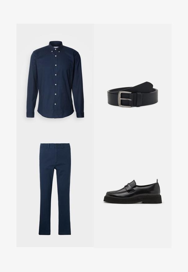 Camisa de manga larga azul marino con cuello abotonado, botones en el frente y dobladillo redondeado. Fabricada con una tela de algodón suave.; Pantalones de algodón azul marino con un diseño de pierna recta, que cuentan con bolsillos frontales, cierre de cremallera y un botón en la parte superior.; Zapatos estilo mocasín de cuero negro con suela plana y texturizada, con puntera cosida y una correa a lo largo del empeine.; Cinturón de cuero negro con hebilla de metal plateado, que presenta un acabado liso y un diseño clásico. El cinturón está enrollado con el extremo apuntando.