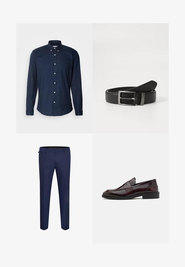 Navyblaues Langarmhemd mit Umschlagkragen, Vorderknöpfen und abgerundetem Saum. Aus einem glatten Baumwollstoff gefertigt.; Marineblaue maßgeschneiderte Hose aus einem glatten Stoff, mit schmaler Passform und flacher Vorderseite ohne sichtbare Taschen oder Verzierungen.; Bordeauxfarbene Lederloafer mit glatter Oberfläche, rechteckigem Frontakzent und abgerundetem Zehenbereich, ausgestattet mit einer schwarzen Gummisohle.; Schwarzer Ledergürtel mit einer silbernen Metallschnalle, der eine glatte Oberfläche und ein klassisches Design aufweist. Der Gürtel ist ordentlich gefaltet.