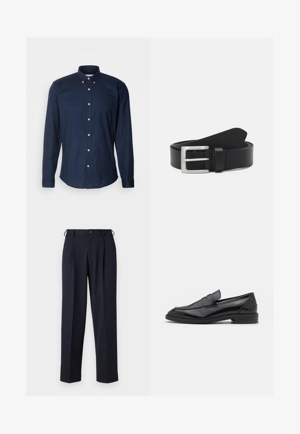 Navyblauw overhemd met lange mouwen, met een button-down kraag, knopen aan de voorkant en een afgeronde zoom. Gemaakt van een gladde katoenen stof.; Donkerblauwe op maat gemaakte broek met knoop- en ritsluiting aan de voorkant, riemlussen en zijzakken, getoond op een witte achtergrond.; Zwarte leren instappers met een gladde afwerking, voorzien van een ronde neus en een smalle band over de bovenkant. Lage gestapelde hak.; Zwarte leren riem met een gladde textuur, zilveren rechthoekige gesp en een lus voor het einde. Heeft nette stiksels langs de randen.