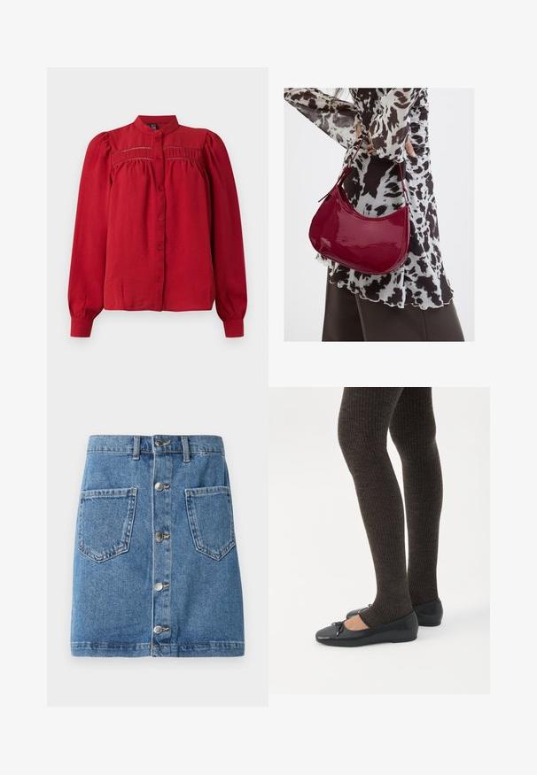 Rode blouse met lange mouwen en staande kraag, knoopsluiting aan de voorkant, geplooide schouderdetails en gathered stof onder de borst en bij de manchetten.; Jeansrok in een lichtblauwe tint, met een sluiting met knopen aan de voorkant, twee opgestikte zakken en een rechte snit. De stof heeft een klassieke textuur.; Benen met donkere geribbelde leggings gecombineerd met zwarte ballerina's met kleine strikdetails op een witte achtergrond.; Vrouw met een zwart-wit gebloemde blouse houdt een glanzende rode schoudertas vast tegen een effen achtergrond.