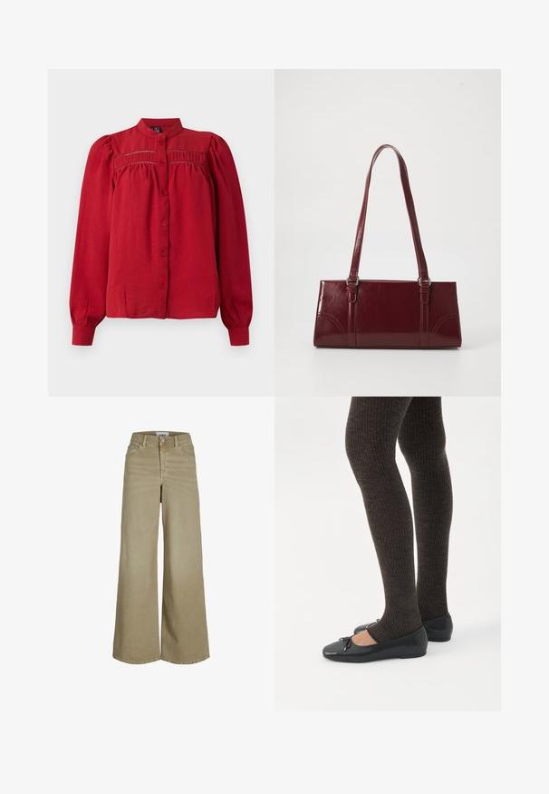Blusa roja de manga larga con cuello alzado, botón en la parte delantera, detalles de palas plisadas y tejido recogido debajo del pecho y en los puños.; Jeans de pierna ancha color beige con cintura alta, costuras detalladas, cinco bolsillos y un cierre de botón clásico en la parte delantera.; Piernas con leggings oscuros acanalados combinados con bailarinas negras que presentan pequeños detalles de lazo sobre un fondo blanco.; Bolso burdeos hecho de material brillante, de forma rectangular, con dos asas para el hombro y sutiles acentos curvados en la parte frontal.