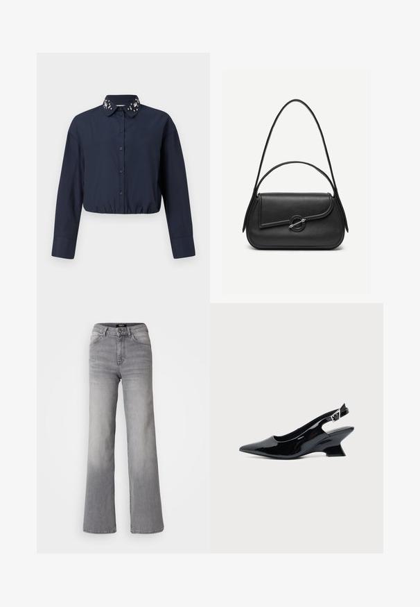 Chemise courte bleu marine avec col boutonné, ornée de décorations sur le col. Manches longues et ourlet élastique.; Jean en denim gris taille haute à jambes droites avec bouton et fermeture éclair à l'avant, poches avant et arrière, et décoloration sur les cuisses et les mollets.; Chaussure slingback en cuir verni noir avec bout pointu et petit talon bloc incliné sur fond clair uni.; Sac à main en cuir noir avec bords arrondis, rabat asymétrique, fermoir circulaire en métal, et des bandoulières courtes et longues.