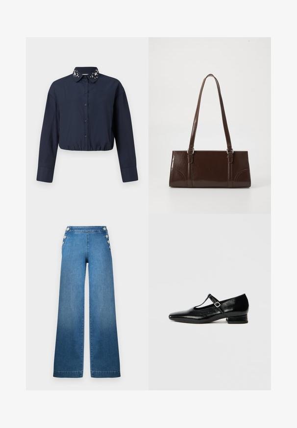 Marineblaues, kurzes Hemd mit Button-Down-Kragen, das dekorative Verzierungen am Kragen aufweist. Lange Ärmel und elastischer Saum.; Weite blaue Denim-Hose mit hoher Taille, knöpfbaren Seitendetails und einem sauberen Saum. Der Stoff hat eine glatte Textur mit einem leichten Verblassen.; Schwarze Mary Jane Schuhe aus Leder mit spitzer Spitze, kleinem Blockabsatz und verstellbarem Riemen mit silberner Schnalle. Glatte, glänzende Textur.; Braune Lackleder-Handtasche in rechteckiger Form, mit zwei langen Griffen und subtilen, geschwungenen Akzenten auf der Vorderseite.