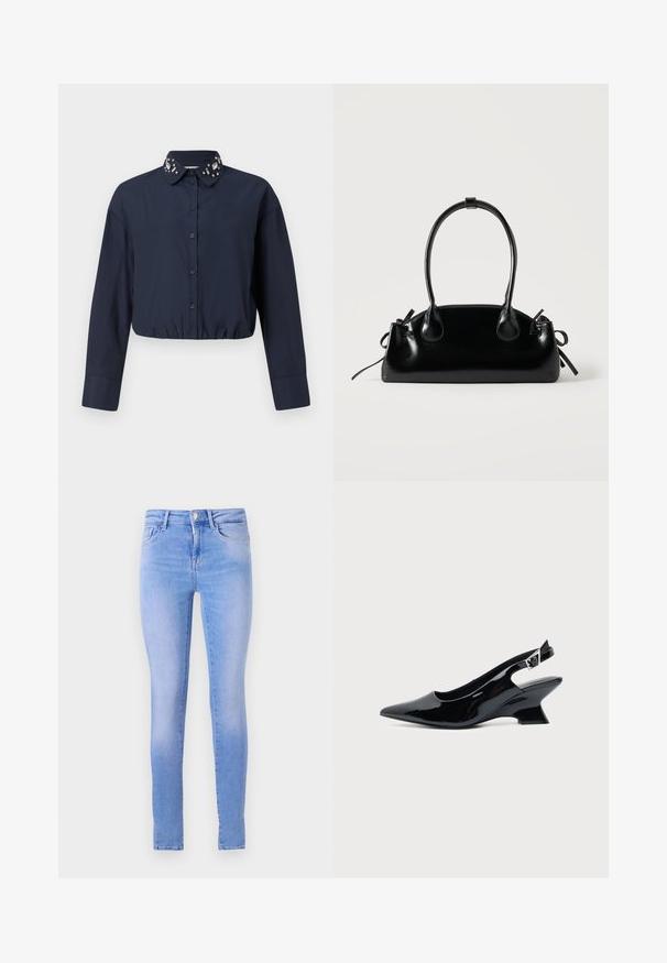 Camisa corta azul marino con cuello abotonado, con adornos decorativos en el cuello. Mangas largas y dobladillo elástico.; Jeans skinny azul claro con un lavado descolorido, que cuentan con un diseño de cinco bolsillos, cierre de botón al frente y un dobladillo limpio.; Zapato slingback de cuero charol negro con puntera puntiaguda y tacón bajo en bloque inclinado sobre fondo claro liso.; Pequeño bolso negro brillante con dos asas largas y detalles de cordón lateral sobre un fondo claro liso.