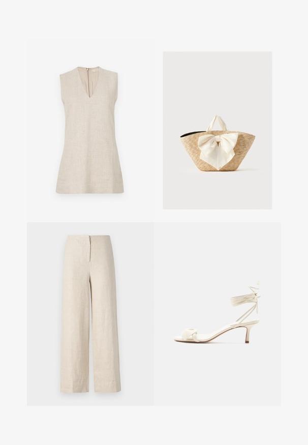 Beige ærmeløs bluse med V-hals, lavet af tekstureret stof og med lynlås i ryggen. Enkel design uden mønstre eller detaljer.; Beige linned bukser med bred ben, høj talje og skjult lynlås bagpå. Glat tekstur og åndbart stof.; Kremfarvet sandal med lave hæle, bindebånd om anklen og en bred snoet rem over tæerne på en ensartet hvid baggrund.; Vævet stråtote taske med cremefarvede stofhåndtag og en stor dekorativ cremebue foran, mod en ensfarvet baggrund.
