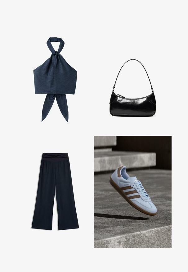 Haut licou en denim bleu foncé avec large bretelle autour du cou et détail en tissu noué à l'arrière.; Pantalon noir à jambes larges avec une taille haute repliée, posé à plat sur un fond blanc.; Baskets bleu clair avec accents en daim marron, présentant trois bandes latérales, des lacets plats et une semelle en gomme texturée. Logo de la marque sur la languette.; Sac à épaule en cuir noir brillant avec un seul compartiment zippé et une fine bandoulière arquée.