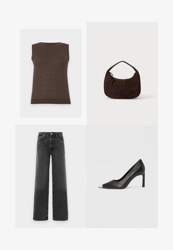 Gilet brun en tricot sans manches avec encolure, emmanchures et ourlet côtelés.; Jean en denim noir taille haute, coupe droite, avec bouton et fermeture éclair à l'avant, deux poches avant et deux poches arrière.; Chaussure à talon haut en cuir noir avec bout pointu et capuchon argenté métallique. Présente une finition lisse et un talon fin de 10 cm.; Sac à main en daim marron foncé avec une courte sangle et une forme rectangulaire arrondie sur un fond uni clair.