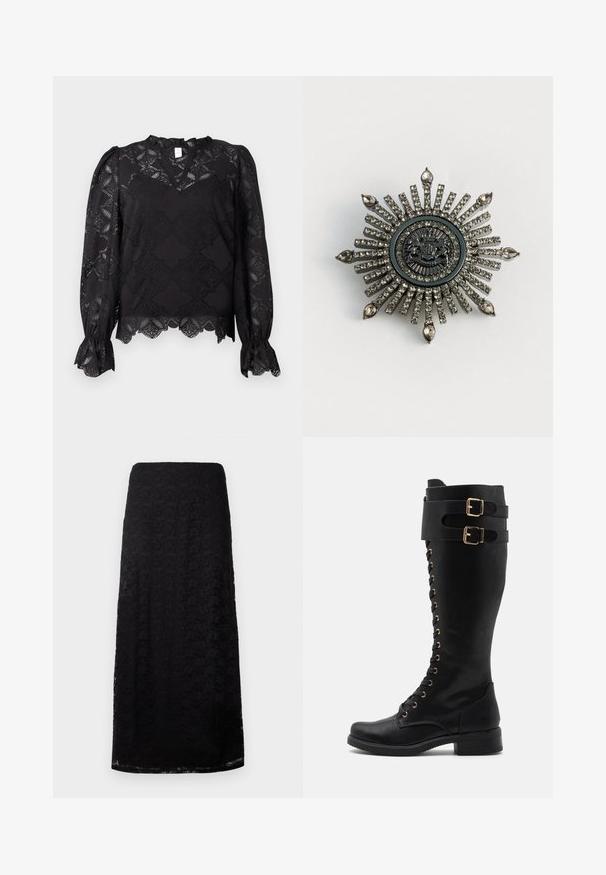 Schwarze Bluse mit langen Ärmeln und floralen Spitzenmustern, Rüschen an den Bündchen sowie einem gewellten Saum, ausgestattet mit einem kleinen Rüschennacken und einem Schlüsselloch-Ausschnitt.; Schwarzer Spitzen-Midi-Rock mit floralem Muster, gerader Schnitt und subtiler Textur, vor einem schlichten weißen Hintergrund präsentiert.; Oberschenkelhohe schwarze Lederstiefel mit goldenen Hardwareakzenten, ausgestattet mit einer Schnürung, zwei Schnallenriemen und einem Blockabsatz.; Sternförmige Brosche aus silberfarbenem Metall mit klaren Strasssteinen. Das zentrale Design zeigt ein kreisförmiges Emblem mit filigranen Details.