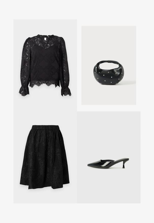 Blusa negra de manga larga con patrones de encaje floral, puños con volantes y dobladillo en forma de concha, que presenta un pequeño cuello con volantes y escote en forma de ojo de cerradura.; Falda negra con cintura elástica, con patrones florales texturizados. La tela parece ligera y ligeramente arrugada.; Mulas de charol negro con punta afilada, tacón bajo tipo kitten y lados curvados, con acabado brillante y diseño minimalista.; Bolso de mano de cuero negro con forma redondeada, decorado con detalles de tachuelas plateadas y un asa corta. Textura lisa y cierre con cremallera.