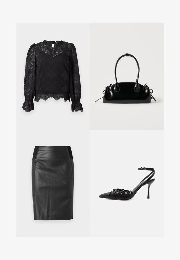 Schwarze Bluse mit langen Ärmeln und floralen Spitzenmustern, Rüschen an den Bündchen sowie einem gewellten Saum, ausgestattet mit einem kleinen Rüschennacken und einem Schlüsselloch-Ausschnitt.; Schwarzer Leder-Bleistiftrock mit einer taillierten Passform, glatter Textur und elastischen Taillenbund-Akzenten an beiden Seiten. Flacher Saum am unteren Ende.; Schwarzer, spitzer High-Heel-Schuh mit geschwungenen Kanten, Metallösen, Schnürung vorne und Knöchelriemen mit Schnallverschluss.; Kleine schwarze glänzende Handtasche mit zwei langen Griffen und seitlichen Kordelzug-Details vor einfachem hellem Hintergrund.