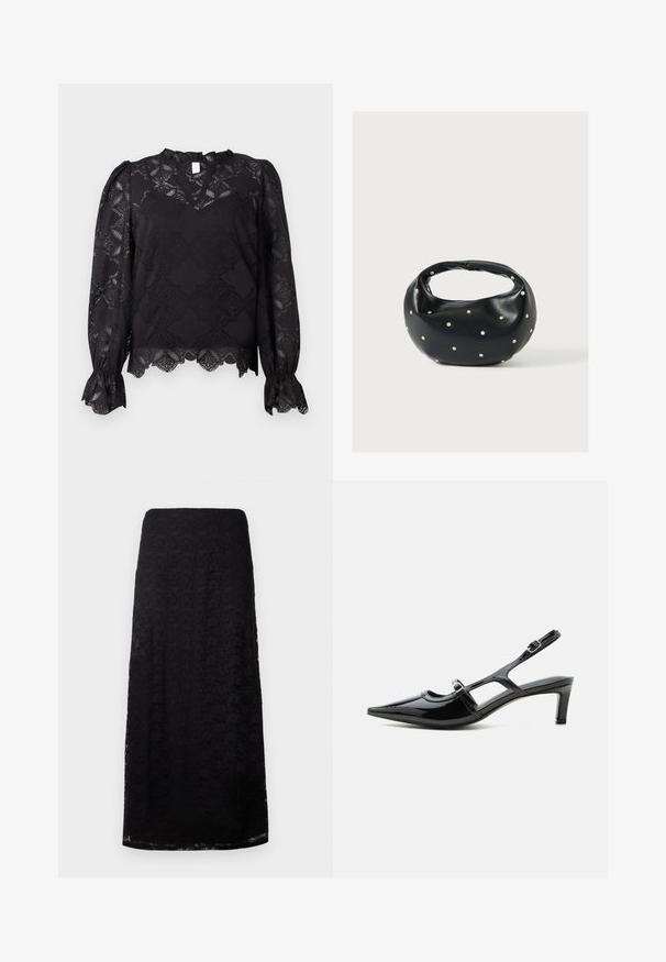 Zwarte blouse met lange mouwen, versierd met bloemige kantpatronen, met ruches aan de mouwuiteinden en een gegolfde zoom, voorzien van een klein ruches kraagje en een keyhole-halslijn.; Zwarte kanten midi-skirt met bloemenpatroon, rechte snit en subtiele textuur, gepresenteerd tegen een effen witte achtergrond.; Zwarte lakleren slingback schoen met een spits toelopende neus, lage hak en twee verstelbare gespen, zijaanzicht.; Zwarte leren handtas met een afgeronde vorm, versierd met zilveren studs, en een korte handgreep. Gladde textuur en ritsluiting.