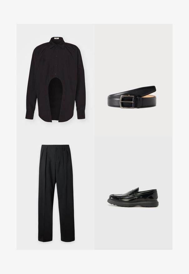 GmbH GEIR MIX - Skjorter - black; Sorte skræddersyede bukser med høj talje, bæltestropper, frontfolder, knaplukning og lige vide ben på en lys baggrund.; Sort læderloafer med en blank finish, rund tå, subtile syninger og en tyk gummisål for holdbarhed.; Sort læderbælte med sølvrektangulært spænde rullet sammen på en ensfarvet, lys baggrund.