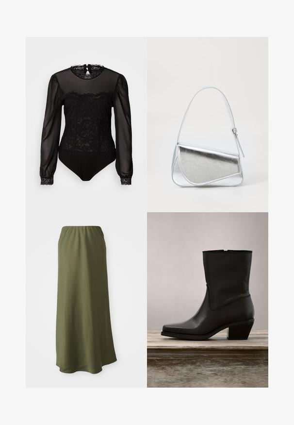 Sort bodysuit med gennemsigtige lange ærmer. Har blonder overlay på den øverste front og en høj halsudskæring med en nøglehulslukning i ryggen.; Olivenfarvet ankel-lang nederdel lavet af blødt stof med elastisk talje; glat tekstur og et enkelt, svævende design.; Sort læder ankelstøvle med spids tå, lav blokhæl, glat overflade og minimalistsk syning. Lynlåslukning synlig på bagsiden.; Sølvmetallic håndtaske med en trekantet form, glat overflade og en tynd, justerbar skulderrem. Har et fold-over design med syninger.
