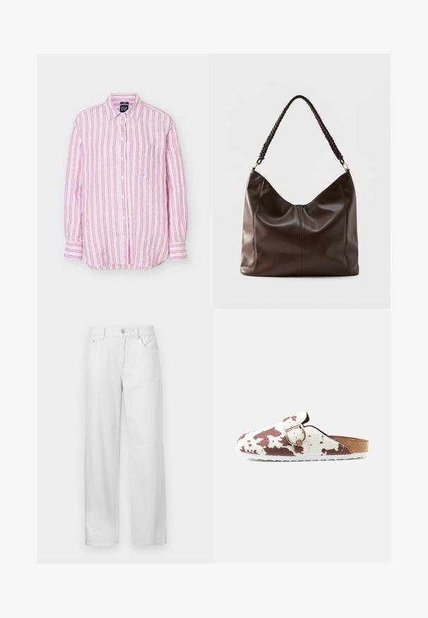Chemise à manches longues boutonnée avec des rayures verticales roses, blanches et beiges, col, poche poitrine et poignets boutonnés.; Pantalons en denim blanc à coupe ample, avec une fermeture à bouton et zip, des passants de ceinture et un design traditionnel à cinq poches.; Sabot à enfiler avec motif peau de vache blanc et marron, doté d'une boucle dorée et d'une semelle en liège avec semelle blanche.; Sac à bandoulière en cuir brun foncé avec une poignée tressée et des coutures apparentes sur le devant.