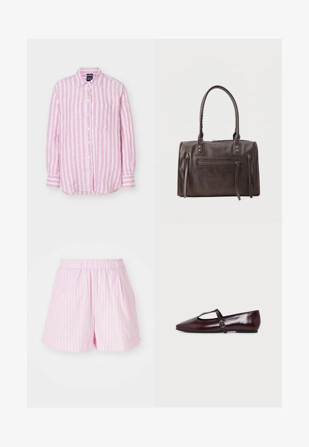 Langærmet skjorte med knapper foran med lodrette pink, hvide og beige striber, krave, brystlomme og manchetter med knapper.; Lyserøde shorts med hvide lodrette striber, udstyret med elastisk talje og løs pasform, lavet af blødt, let stof.; Mørk burgunderfarvet flad lædersko med spids tå og en tynd T-rem med en sølvspænde på en hvid baggrund.; Mørkebrun læderhåndtaske med dobbelte håndtag, front lynlåslomme og to lodrette lynlåsdetaljer på siden på en hvid baggrund.