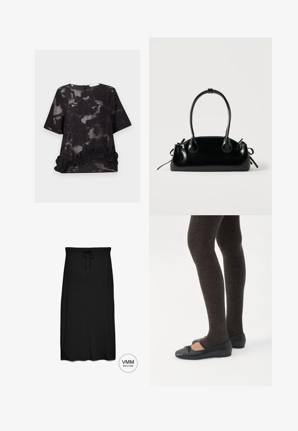 Blouse noire semi-transparente avec motif jacquard floral, manches courtes, col rond et détail à volants à l'ourlet.; Jupe midi noire avec ceinture élastique et cordon, conçue pour être portée au-dessus du ventre.; Jambes portant des leggings côtelés foncés associés à des ballerines noires avec de petits détails en nœud sur fond blanc.; Petit sac à main noir brillant avec deux longues anses et des détails à cordon sur les côtés sur un fond clair uni.