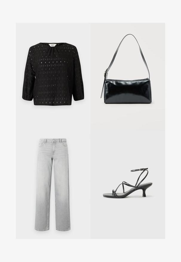 Top negro hecho de una tela texturizada con un patrón intrincado. Presenta un escote redondo y mangas de tres cuartos.; Jeans de pierna ancha de color gris claro, confeccionados en denim. Cuentan con cinco bolsillos, cierre de botón y una sutil textura desgastada para un aspecto usado.; Sandalias negras de tacón con tiras finas, diseño de punta abierta y un pequeño tacón acampanado. El material parece suave y brillante.; Bolso de hombro rectangular negro con una correa ajustable y un cierre de cremallera superior sobre un fondo liso.