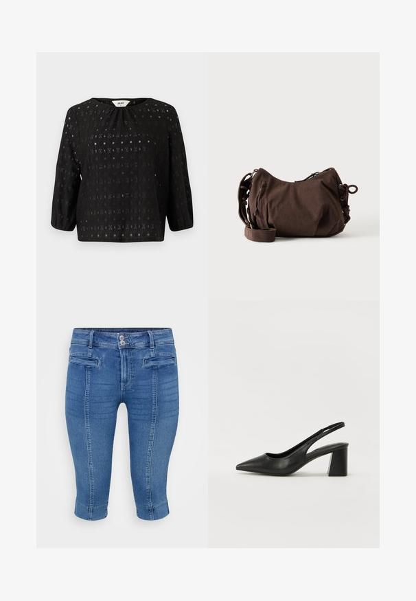 Haut noir en tissu texturé avec un motif complexe. Présente un col rond et des manches trois-quarts.; Pantalon capri en denim bleu avec un design ajusté, deux poches avant et un ourlet retroussé. Le tissu a une texture lisse avec un léger effet délavé.; Escarpins en cuir noir à talon ouvert avec un bout pointu et un talon bloc. Présente un design découpé et une texture lisse, minimaliste et moderne.; Sac à bandoulière en velours côtelé marron avec sangle réglable, fermeture éclair et détails à cordon latéraux sur fond blanc.