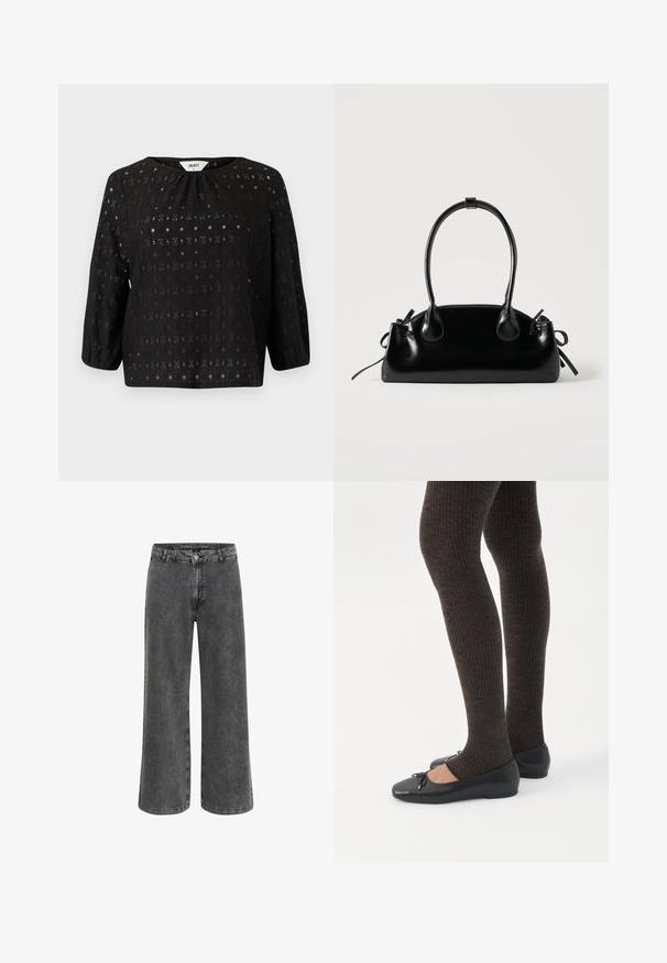 Sort top lavet af tekstureret stof med et indviklet mønster. Har en rund halsudskæring og ærmer med trekvart længde.; Bredde bukser i falmet sort denim med en klassisk knaplukning, fem lomme-design og en let tekstureret finish.; Ben iført mørke ribbede leggings kombineret med sorte balletsko med små sløjfedetaljer på hvid baggrund.; Lille sort blank håndtaske med to lange håndtag og snøre-detaljer i siden på en ensfarvet lys baggrund.
