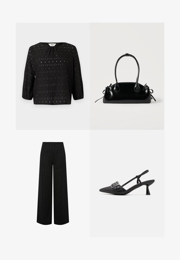 Top negro hecho de una tela texturizada con un patrón intrincado. Presenta un escote redondo y mangas de tres cuartos.; Pantalones negros de pierna ancha con rayas verticales blancas y cintura alta, mostrados extendidos sobre un fondo blanco.; Simmi London DALA - Tacones - black; Pequeño bolso negro brillante con dos asas largas y detalles de cordón lateral sobre un fondo claro liso.