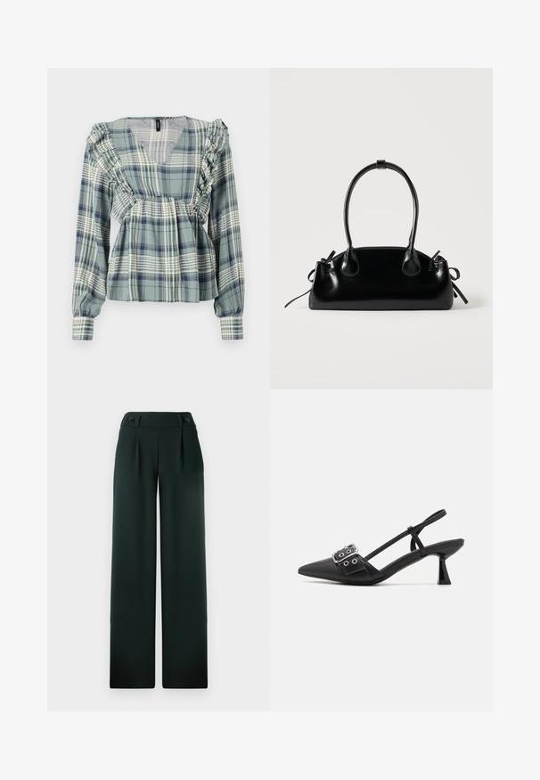 Blusa a cuadros verdes con volantes a lo largo del escote y los hombros; mangas largas; tejido ligero; presenta un diseño de escote en V.; Pantalones de pierna ancha de color verde oscuro, hechos de una tela suave, que cuentan con una cintura alta, pliegues y dos botones negros prominentes en la parte delantera.; Simmi London DALA - Tacones - black; Pequeño bolso negro brillante con dos asas largas y detalles de cordón lateral sobre un fondo claro liso.