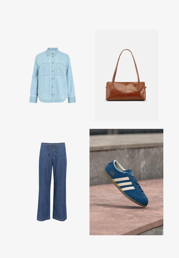 Hele sinine teksariidest nööpidega särk pikkade varrukatega, kahe rinnataskuga ja parema tasku peal tikitud "R" kujundusega.; Denim laiad jalgadega püksid, millel on paelu peegel ja keskmiselt sinine värv, sirge lõige ning peened õmbluse detailid.; Sinine seemisnahast toss kreemjate triipude ja paeltega, kummist pruun talla, tekstuurse pinnaga, ümarate varvaste ja küljele trükitud brändimärgiga.; Ristkülikukujuline pruun nahast käekott kahe pika õlarihmaga, siledapinnaline ja läikiva viimistlusega, minimalistliku disainiga ühevärvilisel taustal.