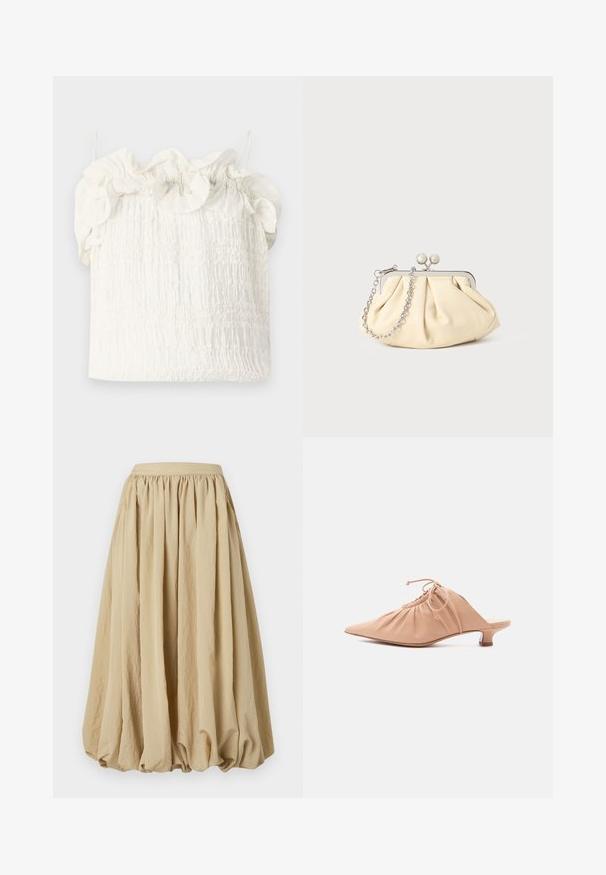 Hofmann Copenhagen EXCLUSIVE GENEVIVE - Μπλούζα - off white; Μπεζ μίντι φούστα με συγκεντρωμένη ζώνη, ρέουσα ύφασμα και όγκο, με υφή επιφάνειας και διακριτές λεπτομέρειες πτυχών.; Γυναικείο mule από μπεζ δέρμα με μυτερή μύτη, επάνω μέρος με σούρες, κορδόνι δέσιμο και χαμηλό τακούνι στιλέτο σε λευκό φόντο.; Πτυχωτό μπεζ δερμάτινο τσαντάκι με ασημένιο μεταλλικό πλαίσιο, διαθέτοντας δύο στρογγυλούς διακοσμητικούς κλειστές και μια ασημένια αλυσίδα.