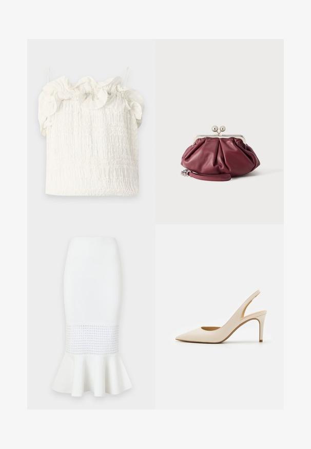 Hofmann Copenhagen EXCLUSIVE GENEVIVE - Top - off white; Hvid midi nederdel lavet af ribbet stof, med et netpanel ved kanten og en udvidet bund. Glat tekstur med cirkulære udsparinger.; Beige læder slingback-pumpe med spids tå og en tynd høj hæl. Har en udskæring ved hælen og en glat finish.; Lille bordeaux rød læder clutch-pung med sølv metal lukning og håndledsrem på hvid baggrund.