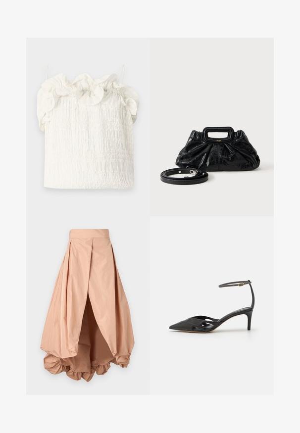 Hofmann Copenhagen EXCLUSIVE GENEVIVE - Topp - off white; Peenevärvi puff-seelik, mis on valmistatud kergest kangast. Seelikul on kokkuvõtva äärise ja volditud disain vöökoha juures, mis loob volüümika silueti.; Must mustaharjal süngeteisega kingad, millel on terav varvas, avatud küljed ja õhuke pahkluuring, kus on väike kuldne detail.; Väike must nahkkäekott kortsulise tekstuuriga, ristkülikukujuline käepide ja eemaldatav õhuke õlarihm, mis on kõrval paigutatud.