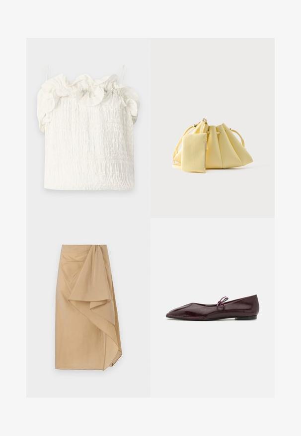 Hofmann Copenhagen EXCLUSIVE GENEVIVE - Μπλούζα - off white; Μπεζ φούστα τύπου περιτυλίγματος από ελαφρύ ύφασμα με ασύμμετρη δροσιά, διαθέτοντας σ gathered μέση και λεία υφή. Χωρίς ορατούς κλειδώματα.; Μπαλαρίνες σε μπορντό πατέντο δέρμα με μυτερή μύτη και διακοσμητική μωβ κορδέλα στον επάνω μέρος; σχέδιο επίπεδης σόλας.; Μαλακή κίτρινη τσάντα ώμου με κορδόνι και μικρή τσάντα φερμουάρ σε αντιστοιχία, τοποθετημένα σε απλό λευκό φόντο.