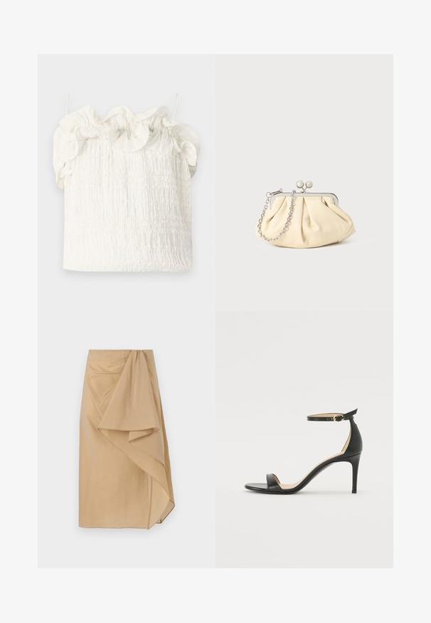 Hofmann Copenhagen EXCLUSIVE GENEVIVE - Topp - off white; Beez värvi särk, mis on valmistatud kergest kangast, millel on asümmeetriline langevus, kokku volditud vöökoht ja sile tekstuur. Nähtavad kinnitused puuduvad.; Must musta kõrgete kontsadega sandaal, millel on pahkluule kinnituv rihm. Omab sileda tekstuuri, avatud varbaosa ning õhukest kontsa. Kuldtooniline pandla detail.; Kortsus beežist nahast kotike, millel on hõbedane metallraam, kaunistatud kahe ümmarguse dekoratiivse lukuga ja hõbedase ketispideme.