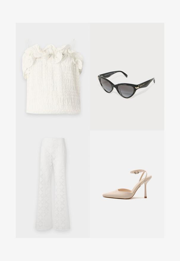 Hofmann Copenhagen EXCLUSIVE GENEVIVE - Μπλούζα - off white; Λευκά φαρδιά παντελόνια από υφασμάτινη ύλη με διαμαντένιο σχέδιο. Η ζώνη είναι λεία, χωρίς ορατό μεταλλικό υλικό ή διακοσμητικά στοιχεία.; Μπεζ παπούτσια γόβες από πατενέ δέρμα με αιχμηρή μύτη, λεπτό λουράκι στον αστράγαλο και τακούνι 10 εκατοστών; μινιμαλιστικός σχεδιασμός και λείο υφής.; Μαύρα γυαλιά ηλίου Michael Kors σε σχήμα γατίσιας ματιού με βαθμίδες σκούρου φακού και χρυσές λεπτομέρειες λογότυπου στους βραχίονες, σε λευκό φόντο.