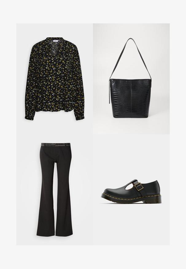 MSCH Copenhagen BELLARIS JALINA - Langærmet T-shirt - black; Sorte flagrende bukser med en tekstureret linning med metalnitter. Stoffet har en subtil glans og en glat overflade.; Sort lædersko med rund tå, ankelrem og spænde, lav hæl og gul syning langs sålen. Glat tekstur overalt.; Sort håndtaske i krokodillepræget læder med flad krop, justerbar rem og lynlåslukning. Glat tekstur med struktureret form.