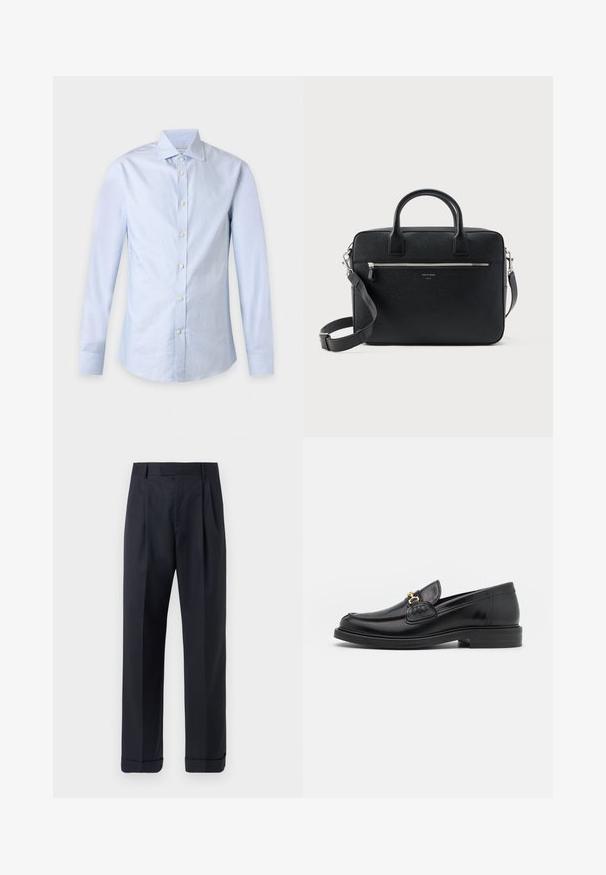 Lyseblå herreskjorte med lange ærmer, knaplukning foran og spids krave, vist fladt på en hvid baggrund.; Tiger of Sweden TREYTON - Bukser - dark ink; Sorte læder loafers med en rund tå, der har guld hardware accent og syningsdetaljer, placeret på en lav, tekstureret gummisål.; Sort struktureret rektangulær lædermappe med dobbelthåndtag, lynlåslomme foran og justerbar skulderrem vist på hvid baggrund.