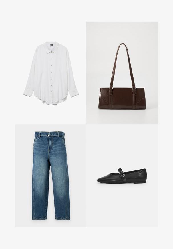 Hvid skjorte med lange ærmer, knapper foran, spidst krave og rundet kant, vist på en ensfarvet hvid baggrund.; Blå jeans i denim med højt liv, brede ben og bæltestrop med en metalring. Har slidte områder og subtile folder på stoffet.; Sorte læder flade sko med rund tå, et enkelt justerbart spænde og en glat, blank overflade. Minimalistisk design med en lav hæl.; Brun lakeret håndtaske med rektangulær form, to lange håndtag og subtile buede detaljer på fronten.
