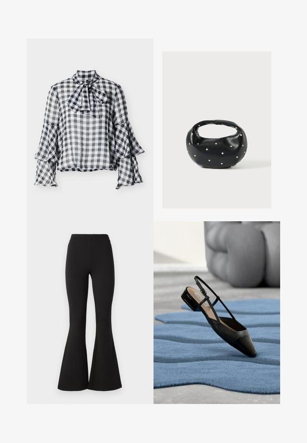 Schwarz-weiß karierte Bluse mit hohem Kragen, Schleifendetail und Glockenärmeln. Hergestellt aus leichtem, transparentem Stoff mit weicher Textur.; Schwarze, ausgestellte Leggings aus dehnbarem Material, mit einem hohen Taillenbund und einer glatten Textur, die sich bis zu einem weiten Saum an den Knöcheln verjüngen.; Schwarzer Slingback-Schuh aus Lackleder mit niedrigem Blockabsatz, der auf einem strukturierten blauen wellenförmigen Teppich und grauen gepolsterten Möbeln ruht.; Schwarze Lederhandtasche mit abgerundeter Form, verziert mit silbernen Nietenakzenten und kurzem Griff. Glatte Struktur und Reißverschlussverschluss.