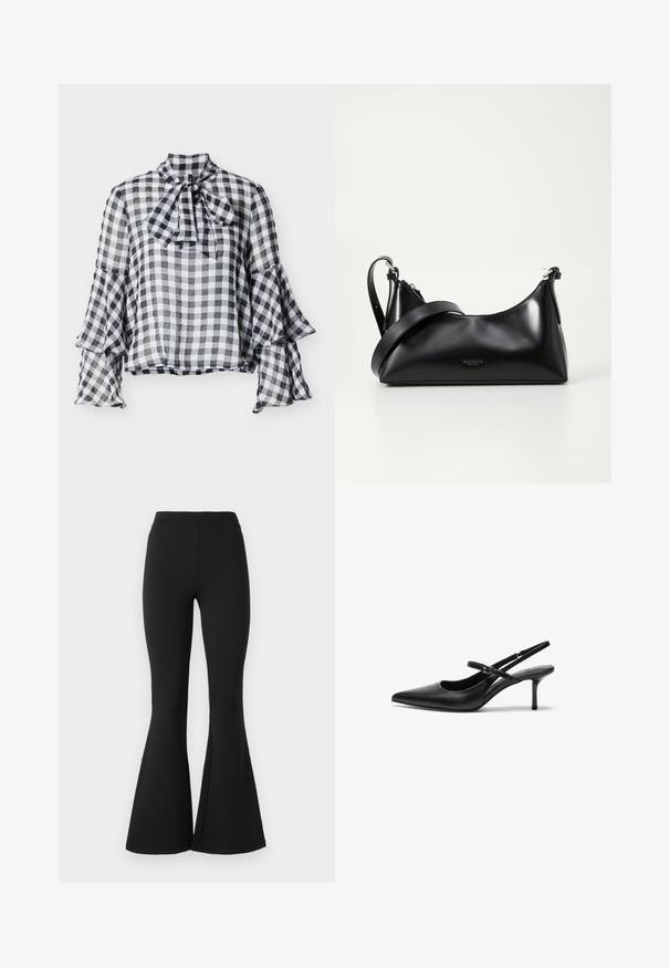 Schwarz-weiß karierte Bluse mit hohem Kragen, Schleifendetail und Glockenärmeln. Hergestellt aus leichtem, transparentem Stoff mit weicher Textur.; Schwarze, ausgestellte Leggings aus dehnbarem Material, mit einem hohen Taillenbund und einer glatten Textur, die sich bis zu einem weiten Saum an den Knöcheln verjüngen.; Schwarze Leder Slingback-Absätze mit einer spitzen Zehenform, schmalem verstellbarem Riemen und einem etwa 5 cm hohen Stiletto-Absatz, glatte Textur.; Schwarze lederne Handtasche mit glatter Textur. Verfügt über einen verstellbaren Riemen und ein elegantes, minimalistisches Design mit einem Reißverschluss.