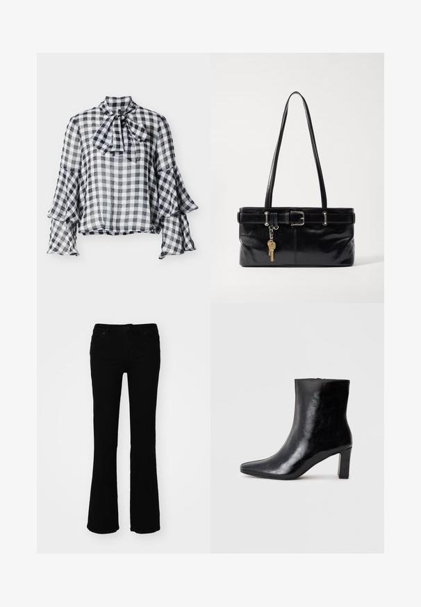 Zwart-wit geruite blouse met een hoge hals, strikdetail en wijde mouwen. Gemaakt van lichtgewicht, doorschijnende stof met een zachte textuur.; Zwarte flared jeans van denim, met een middelhoge taille, vijf zakken en subtiele stiksels op de achterzakken.; Zwarte enkellaars gemaakt van glanzend leer, met een puntige neus en een gemiddelde blokhak, voorzien van een gladde textuur en een eenvoudig ontwerp.; Osoi SHOULDER BROCLE - Handtas - stone black