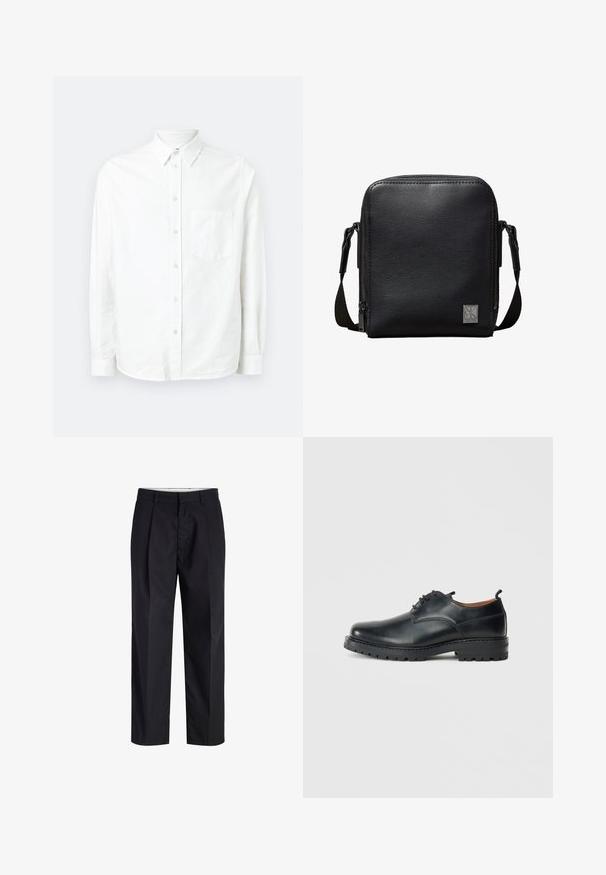 Chemise blanche à manches longues avec boutons, en tissu léger. Présente une poche poitrine, un col classique et une texture subtile.; Pantalon noir à jambes droites avec taille, passants de ceinture, fermeture éclair à l'avant et poches latérales, présenté sur fond blanc.; Chaussures derby en cuir noir avec une texture lisse, bout rond, design à lacets et une semelle en caoutchouc épaisse et robuste.; Sac bandoulière en cuir noir texturé avec une bandoulière ajustable et une plaque avant en métal avec le logo Calvin Klein.
