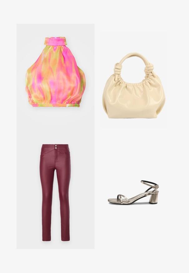 Halter top s crop strihom v kravate v odtieňoch ružovej a žltej, vyrobený z ľahkej tkaniny, s gumičkou na zromadenom leme.; Bordové skinny nohavice z imitácie kože s vysokým pásom, ktoré majú dva predné gombíky, šikmé predné vrecká a hladký, lesklý povrch.; Metalická zlatá sandála s otvorenou špičkou, hrubým podpätkom, tenkými remienkami a zapínaním na pracku okolo členku, zobrazená na bielom pozadí.; Krémska mäkká kožená kabelka so zhromaženým vrchom a uzlíkovými dvojitými rukoväťami na bielom pozadí.