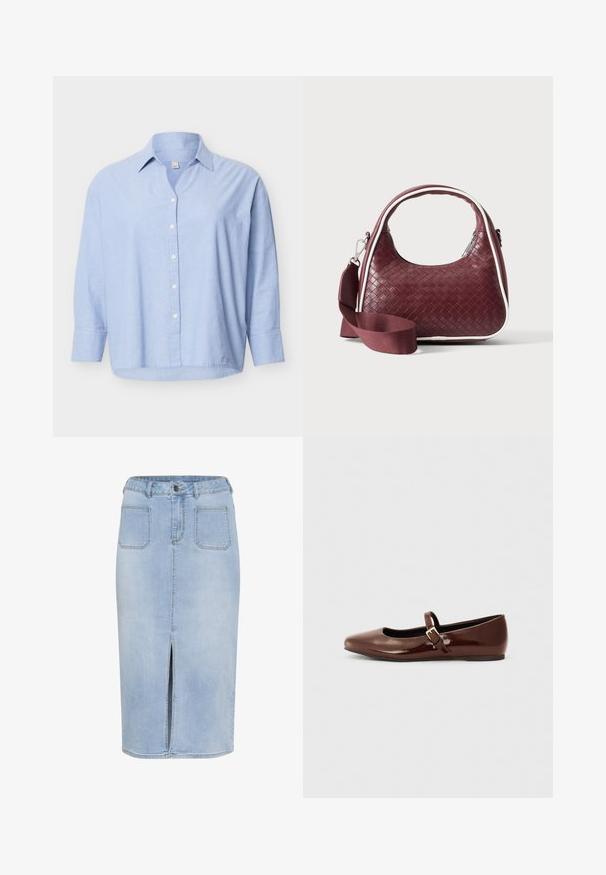 Lyseblå langærmet skjorte med knapper og krave, let løs pasform og hvide knapper foran på en ensfarvet baggrund.; Lys blå denim midi-nederdel med en forkortet slids, fem lommer og en tætsiddende talje med bæltestropper og knaplukning.; Brun patentlæder balletflade med firkantet tå og strop med en lille guldbuckle. Glat tekstur, lav hæl og minimalistisk design.; Mørkerød vævet lædertaske med buet hank, hvid kant, sølv lynlås og aftagelig bred stofskulderrem mod en ensfarvet baggrund.