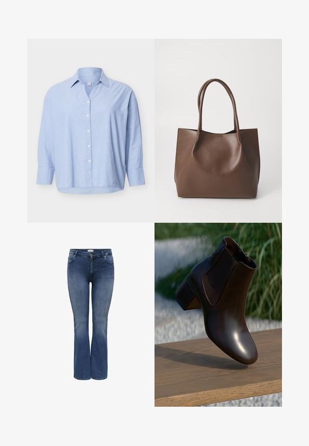 Camisa de manga larga color azul claro con botones y cuello, ajuste ligeramente holgado y botones blancos en la parte frontal sobre un fondo liso.; Vaqueros acampanados de mezclilla en azul medio con una textura suave, que cuentan con bolsillos frontales y cierre de cremallera. Detalle sutil de desgaste.; Botín de cuero marrón con punta redonda y un tacón bajo en bloque, que presenta paneles laterales elásticos y un acabado suave y brillante.; Bolso tote de cuero marrón con dos asas largas, forma estructurada, textura suave y diseño minimalista. Sin herrajes o acentos visibles.