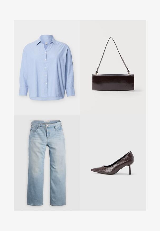 Camisa de manga larga color azul claro con botones y cuello, ajuste ligeramente holgado y botones blancos en la parte frontal sobre un fondo liso.; Pantalones vaqueros de pierna ancha de color azul claro, confeccionados en denim. Con una cintura alta, cinco bolsillos y costuras de contraste. Textura suave con un acabado desgastado.; Tacones puntiagudos de cuero sintético marrón con textura de cocodrilo, con un tacón delgado y angular y un forro interior suave.; Bolso rectangular de cuero negro con una sola correa larga y acabado brillante, exhibido sobre un fondo blanco liso.
