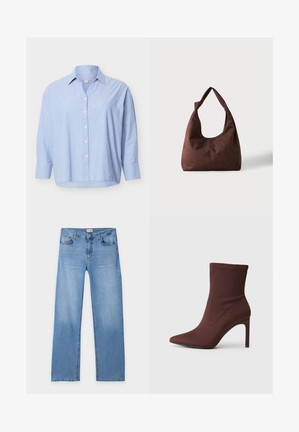 Hellblaues Hemd mit langen Ärmeln, Knöpfen vorn und Kragen, leicht lockerer Passform, weiße Knöpfe auf schlichtem Hintergrund.; Hellblaue Jeans mit geradem Bein, Knopf- und Reißverschluss, Gürtelschlaufen und fünf Taschen, flach auf weißem Hintergrund liegend.; Braune Stretch-Stoff-Ankle-Boots mit spitzer Zehe und 10 cm hohen Stiletto-Absätzen. Nahtdetails an den Seiten, glatte Textur und keine sichtbaren Verschlüsse.; Braune strukturierte Stoffhandtasche mit einem einzelnen Griff, der zu einem Knoten gebunden ist, vor einem einfachen hellen Hintergrund dargestellt.