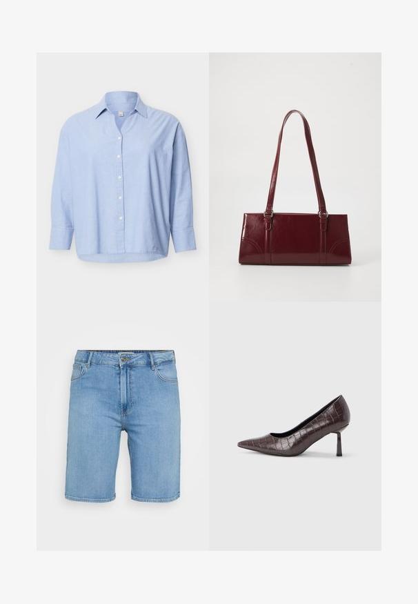 Lyseblå langærmet skjorte med knapper og krave, let løs pasform og hvide knapper foran på en ensfarvet baggrund.; Lys blå denim shorts med klassisk pasform, der har en frontknaplukning, bæltestropper og to sidelommer. Glat tekstur og lige kant.; Brune kunstlæder stiletter med spidse tæer og krokodilletekstur, der har en slank, vinklet hæl og en glat inderside.; Bordeaux håndtaske lavet af glansfuldt materiale, rektangulær form, med to skulderremme og subtile buede detaljer på forsiden.