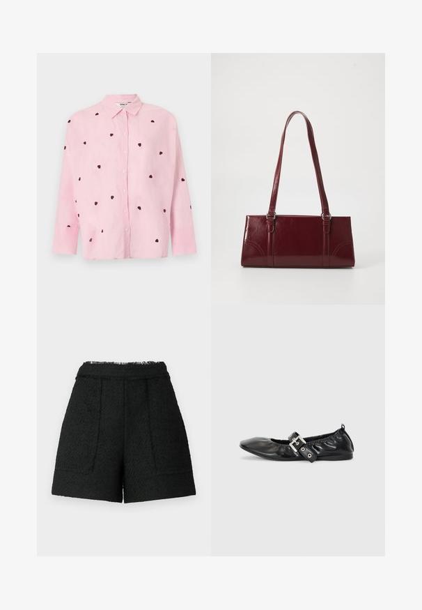 Camisa de manga larga en color rosa claro con botones y pequeños patrones de corazones oscuros dispersos por la tela.; Pantalones cortos negros de tela texturizada con un dobladillo deshilachado, que cuentan con dos bolsillos frontales y un ajuste entallado.; Zapato plano de piel negra con puntera afilada, detalle fruncido alrededor de la abertura y un acento de hebilla plateada en la correa ajustable.; Bolso burdeos hecho de material brillante, de forma rectangular, con dos asas para el hombro y sutiles acentos curvados en la parte frontal.