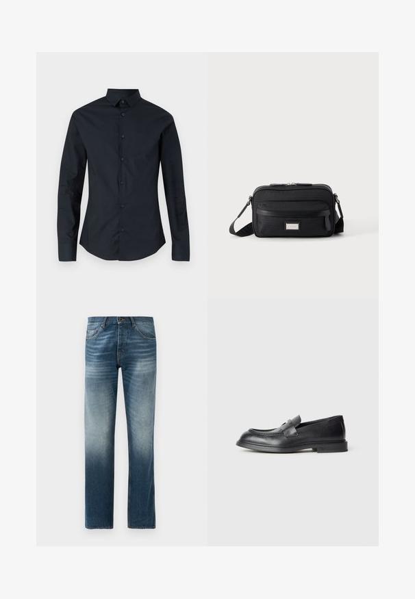 Zwarte longsleeve shirt met een puntkraag, knoopsluiting aan de voorkant en een slim fit. Gemaakt van een gladde stof, met subtiele geborduurde logo.; Denim jeans in donkerblauw vervaging, rechte pijpontwerp. Voorzien van vijf zakken, standaard tailleband met riemlussen, en metalen knoopsluiting.; Zwarte leren loafers met een gestructureerde afwerking, voorzien van een decoratieve voorstrik en een afgeronde neus. Rubberzool voor duurzaamheid.; Zwarte rechthoekige crossbodytas met voorvak met ritssluiting, verstelbare schouderband en zilveren rechthoekige logo-plaat op effen achtergrond.