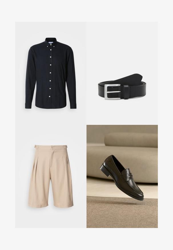 Dunkelblaues Langarmhemd mit Button-Down-Kragen, Frontknopfleiste und hellen Knöpfen. Glattes Material mit modernem Schnitt.; Beige, gefaltete Shorts mit einem maßgeschneiderten Design, das eine glatte Textur und Seitentaschen aufweist, die mit einem verdeckten Reißverschluss an der Taille gesichert sind.; Schwarzer Leder-Slipper, der über einem beigen Teppich schwebt, mit einem beigen Sofa im Hintergrund, und zeigt das klassische Herren-Design zum Hineinschlüpfen.; Schwarzer Leder Gürtel mit glatter Textur, silberner rechteckiger Schnalle und einer Schlaufe für das Ende. Verfügt über eine saubere Naht entlang der Kanten.